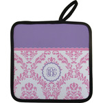 Pink, White & Purple Damask Pot Holder - Single w/ Monogram