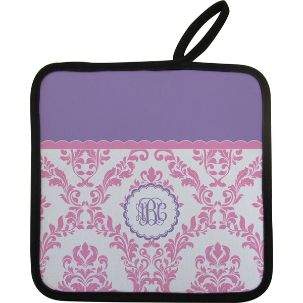 Custom Pink, White & Purple Damask Pot Holder w/ Monogram