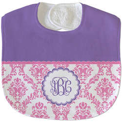 Pink, White & Purple Damask Velour Baby Bib w/ Monogram