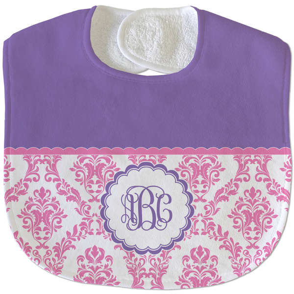 Custom Pink, White & Purple Damask Velour Baby Bib w/ Monogram