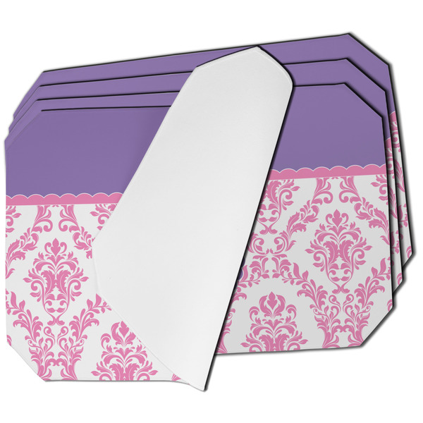 Custom Pink, White & Purple Damask Dining Table Mat - Octagon - Set of 4 (Single-Sided) w/ Monogram