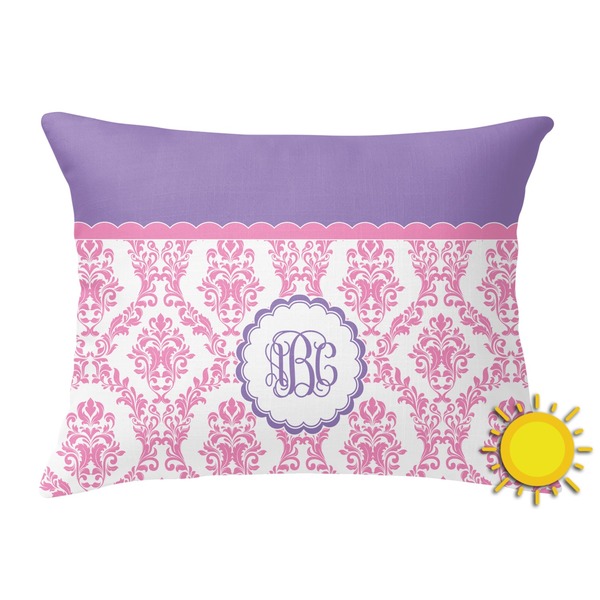 Custom Pink, White & Purple Damask Outdoor Throw Pillow (Rectangular) (Personalized)