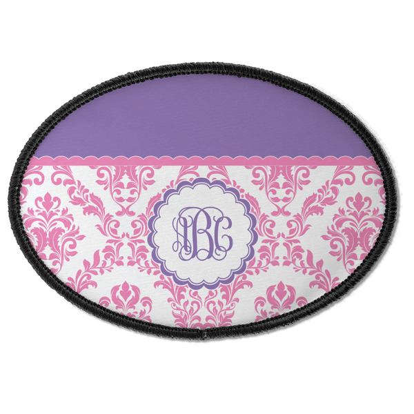 Custom Pink, White & Purple Damask Iron On Oval Patch w/ Monogram