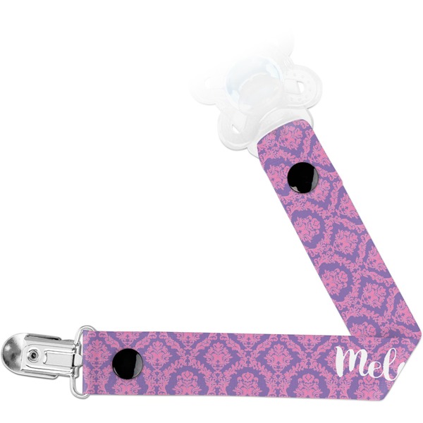 Custom Pink, White & Purple Damask Pacifier Clip (Personalized)