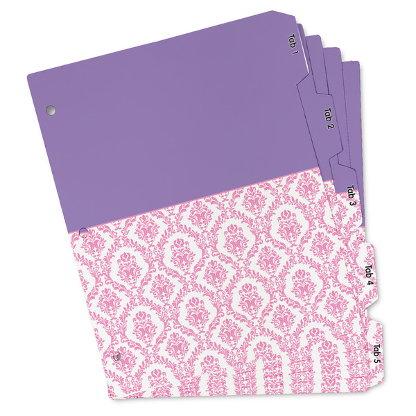 Custom Pink, White & Purple Damask Binder Tab Divider - Set of 5 (Personalized)