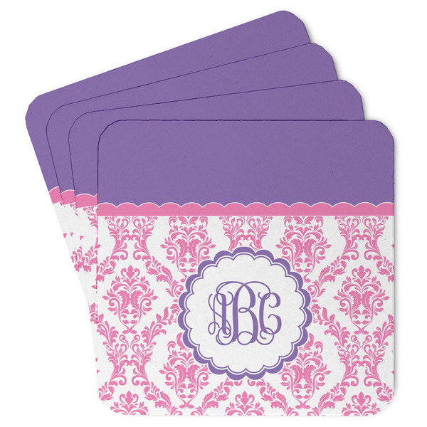 Custom Pink, White & Purple Damask Paper Coasters w/ Monograms