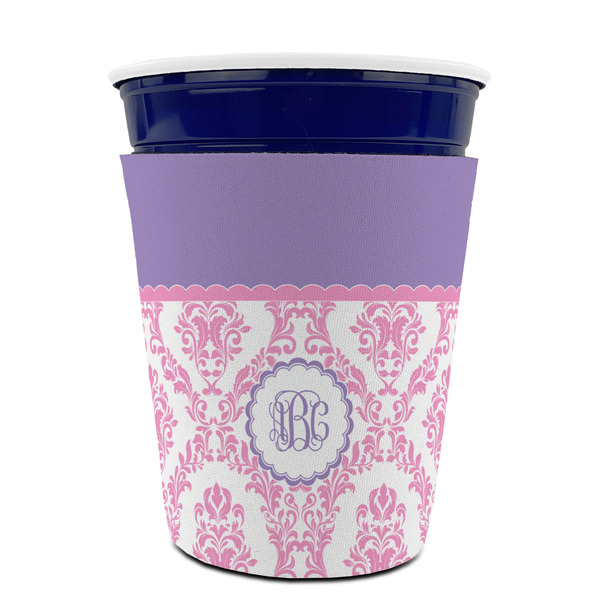 Pink, White & Purple Damask Party Cup Sleeves - without bottom - FRONT (on cup)