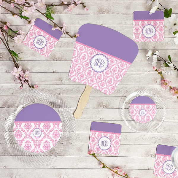 Pink, White & Purple Damask Party Supplies Combination Image - All items - Plates, Coasters, Fans