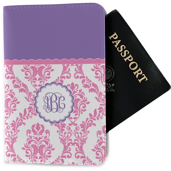 Custom Pink, White & Purple Damask Passport Holder - Fabric (Personalized)
