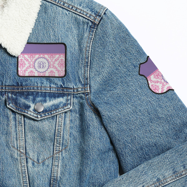 Pink, White & Purple Damask Patches Lifestyle Jean Jacket Detail