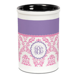 Pink, White & Purple Damask Ceramic Pencil Holders - Black
