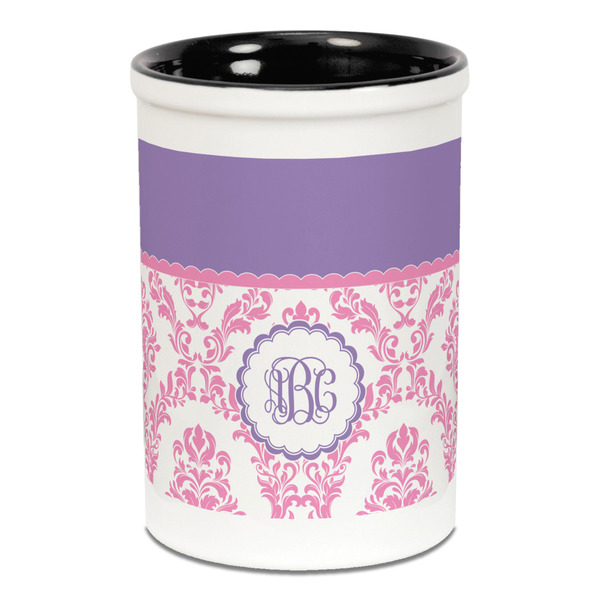 Pink, White & Purple Damask Pencil Holder - Black