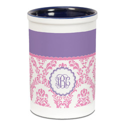 Pink, White & Purple Damask Ceramic Pencil Holders - Blue