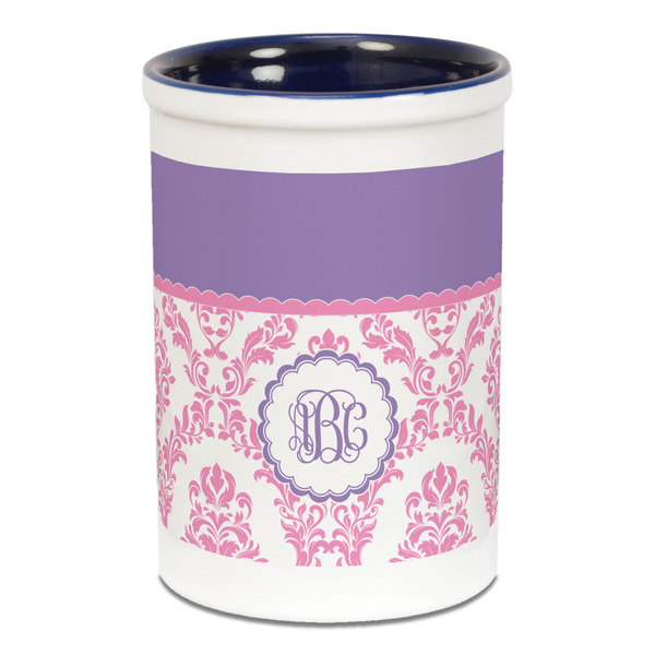 Pink, White & Purple Damask Pencil Holder - Blue