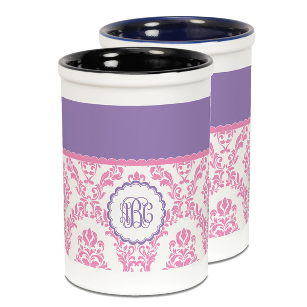 Custom Pink, White & Purple Damask Ceramic Pencil Holder - Large