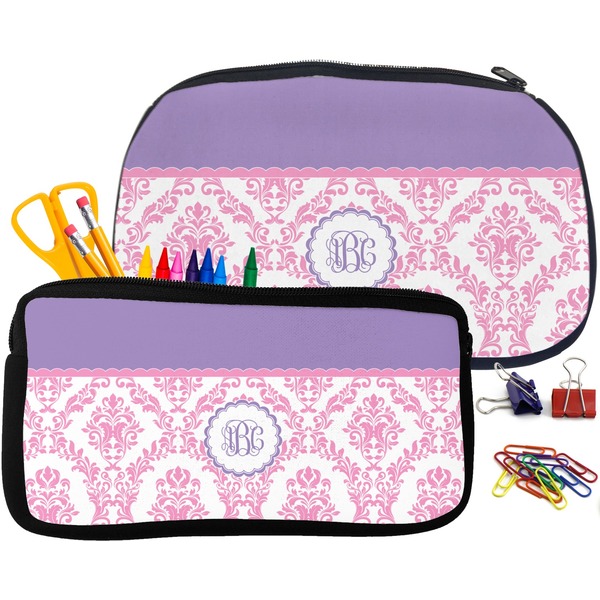Pink, White & Purple Damask Pencil / School Supplies Bags Small and Medium