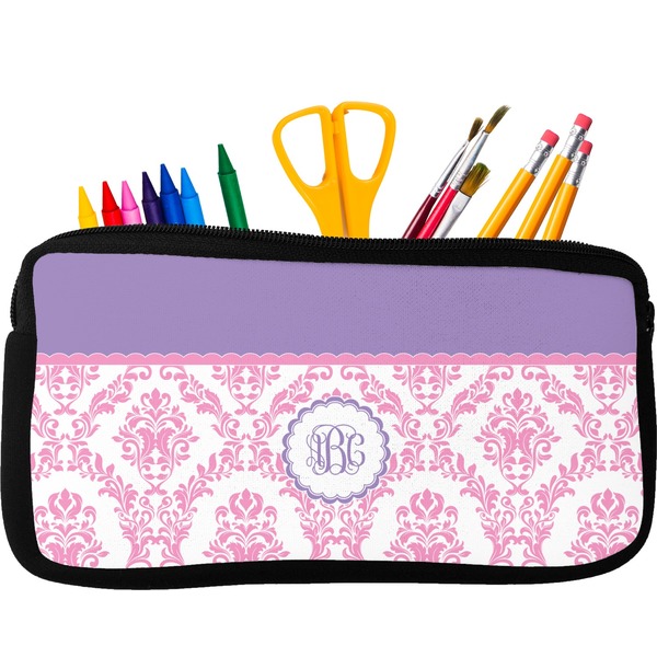 Custom Pink, White & Purple Damask Neoprene Pencil Case (Personalized)
