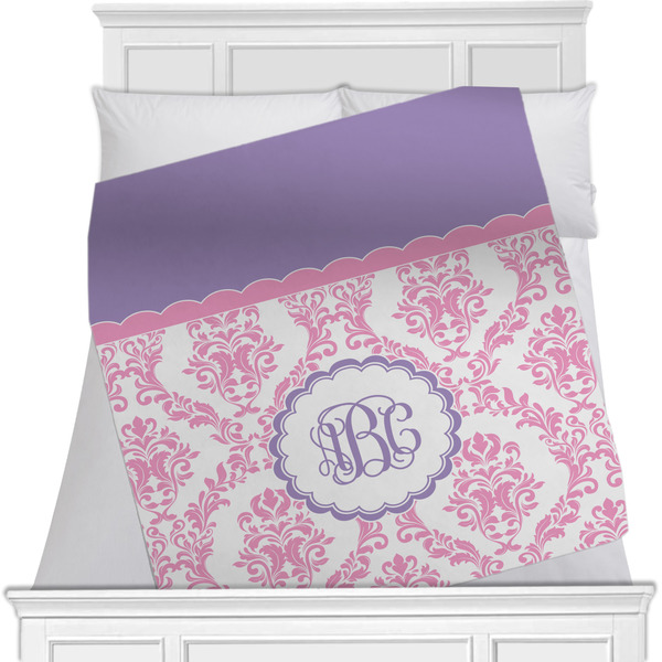 Custom Pink, White & Purple Damask Minky Blanket - Toddler / Throw - 60"x50" - Single Sided w/ Monogram