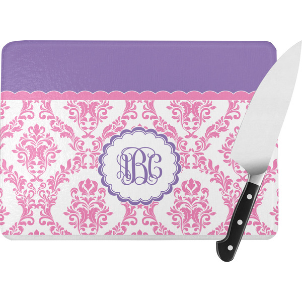Custom Pink, White & Purple Damask Rectangular Glass Cutting Board (Personalized)