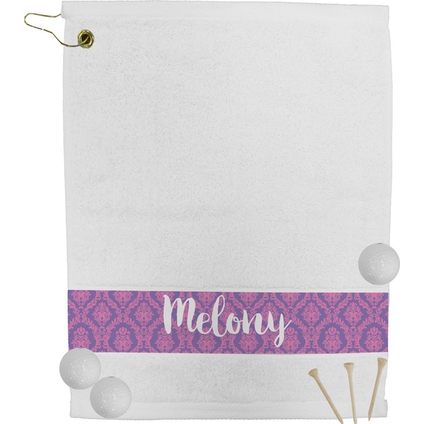 Custom Pink, White & Purple Damask Golf Bag Towel (Personalized)