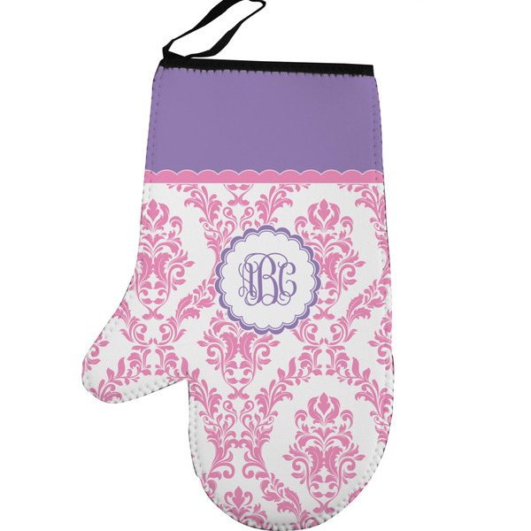 Pink, White & Purple Damask Personalized Oven Mitt - Left