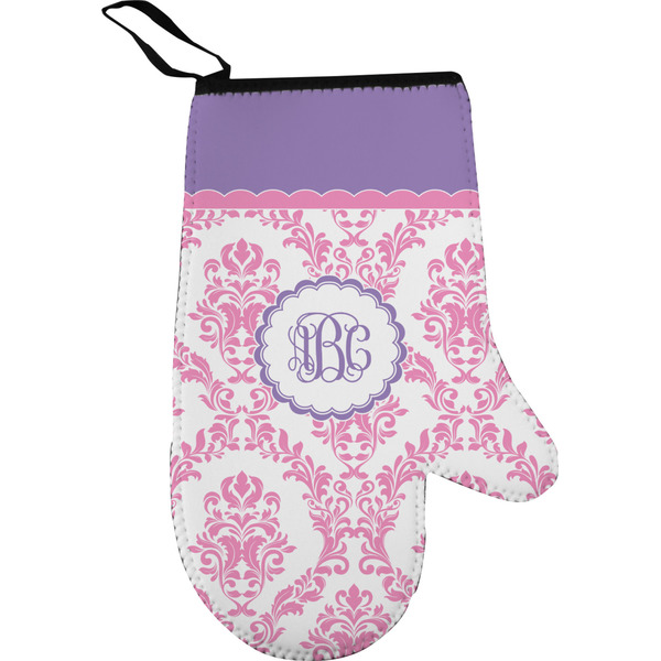 Custom Pink, White & Purple Damask Right Oven Mitt w/ Monogram