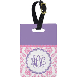Pink, White & Purple Damask Plastic Luggage Tag - Rectangular w/ Monogram