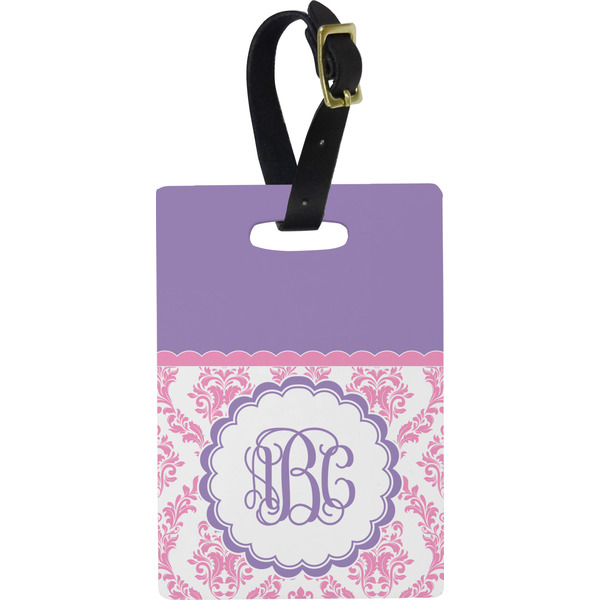 Custom Pink, White & Purple Damask Plastic Luggage Tag - Rectangular w/ Monogram