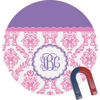 Pink, White & Purple Damask Round Fridge Magnet (Personalized)