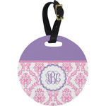 Pink, White & Purple Damask Plastic Luggage Tag - Round (Personalized)