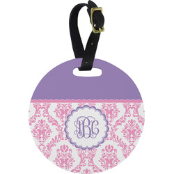 Pink, White & Purple Damask Plastic Luggage Tag - Round (Personalized)