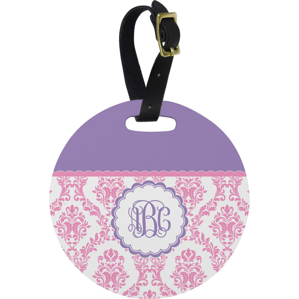 Custom Pink, White & Purple Damask Plastic Luggage Tag - Round (Personalized)