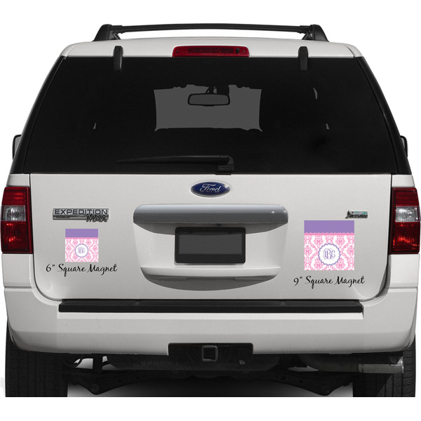 Pink, White & Purple Damask Personalized Square Car Magnets on Ford Explorer