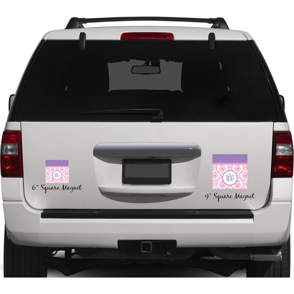 Pink, White & Purple Damask Personalized Square Car Magnets on Ford Explorer