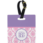 Pink, White & Purple Damask Plastic Luggage Tag - Square w/ Monogram