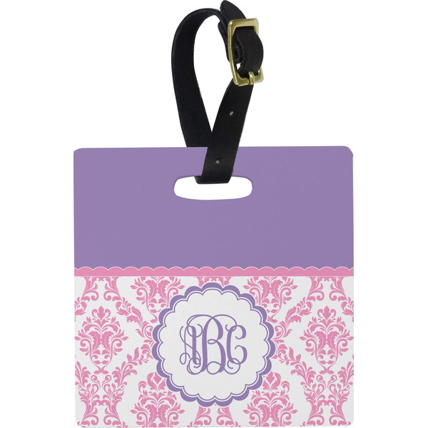 Custom Pink, White & Purple Damask Plastic Luggage Tag - Square w/ Monogram