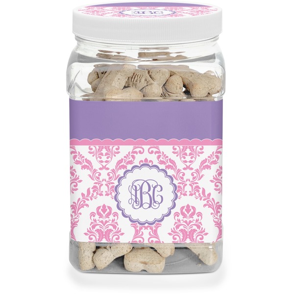 Custom Pink, White & Purple Damask Dog Treat Jar (Personalized)