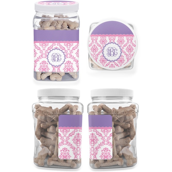 Pink, White & Purple Damask Pet Treat Jar - Multiple Angles