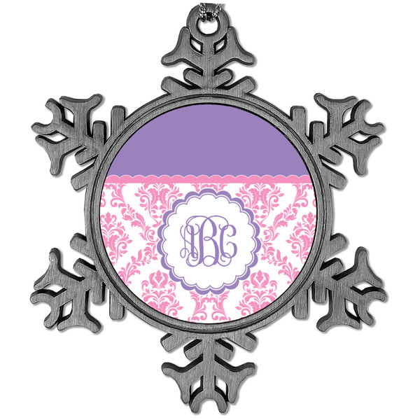 Custom Pink, White & Purple Damask Vintage Snowflake Ornament (Personalized)