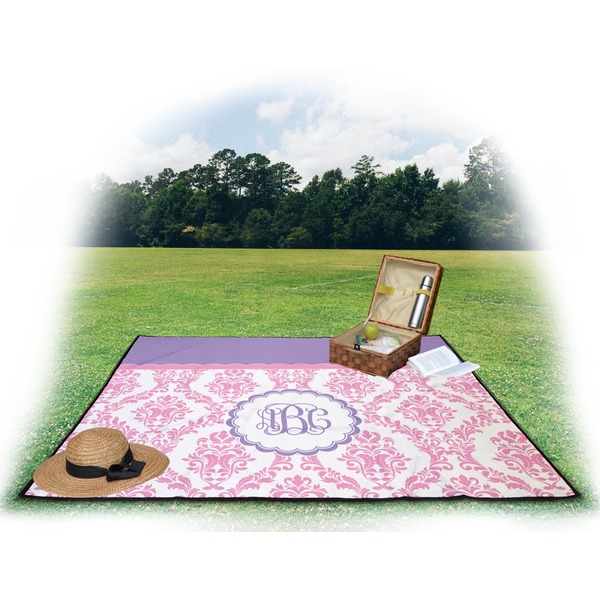 Pink, White & Purple Damask Picnic Blanket - with Basket Hat and Book - in Use