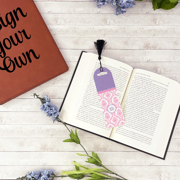 Pink, White & Purple Damask Plastic Bookmarks - In Context