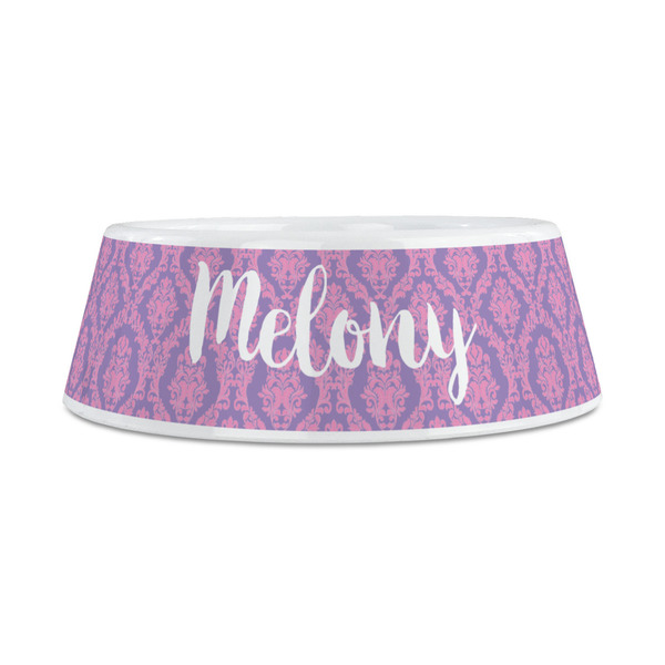 Pink, White & Purple Damask Plastic Dog Bowls - Medium - FRONT