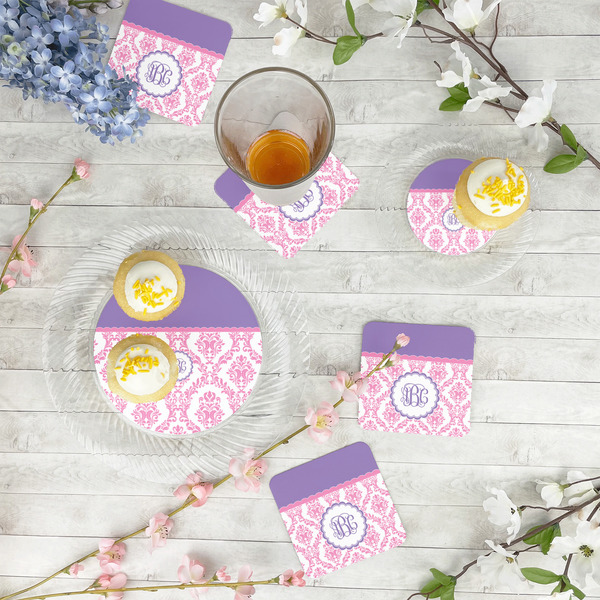 Pink, White & Purple Damask Plastic Party Appetizer & Dessert Plates - In Context