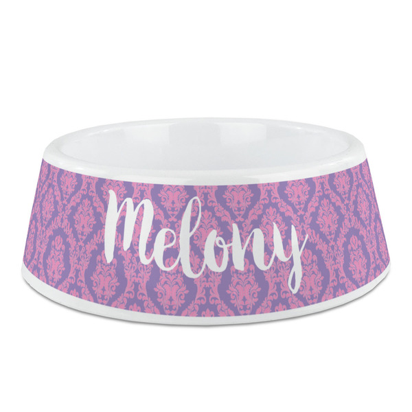 Custom Pink, White & Purple Damask Plastic Dog Bowl - Medium (Personalized)
