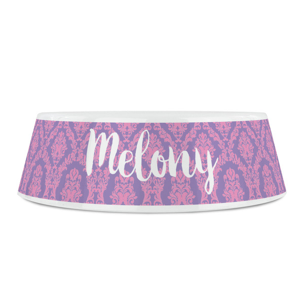 Pink, White & Purple Damask Plastic Pet Bowls - Small - FRONT