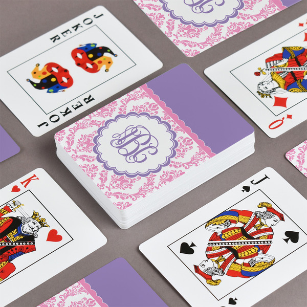 Pink, White & Purple Damask Playing Cards - Front & Back View