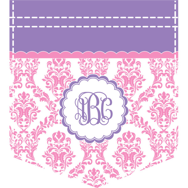 Custom Pink, White & Purple Damask Iron On Faux Pocket (Personalized)