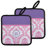 Pink, White & Purple Damask Pot Holders - Set of 2 w/ Monogram