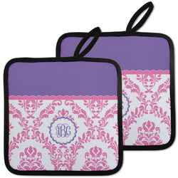 Pink, White & Purple Damask Pot Holders - Set of 2 w/ Monogram