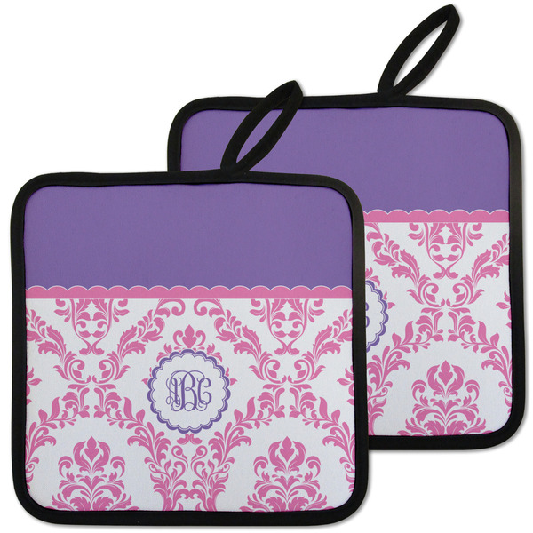 Custom Pink, White & Purple Damask Pot Holders - Set of 2 w/ Monogram